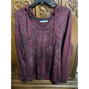 Maurices Womens XL Burgundy Rhinestone Filigree Graphic Hoodie Tassel Drawstring